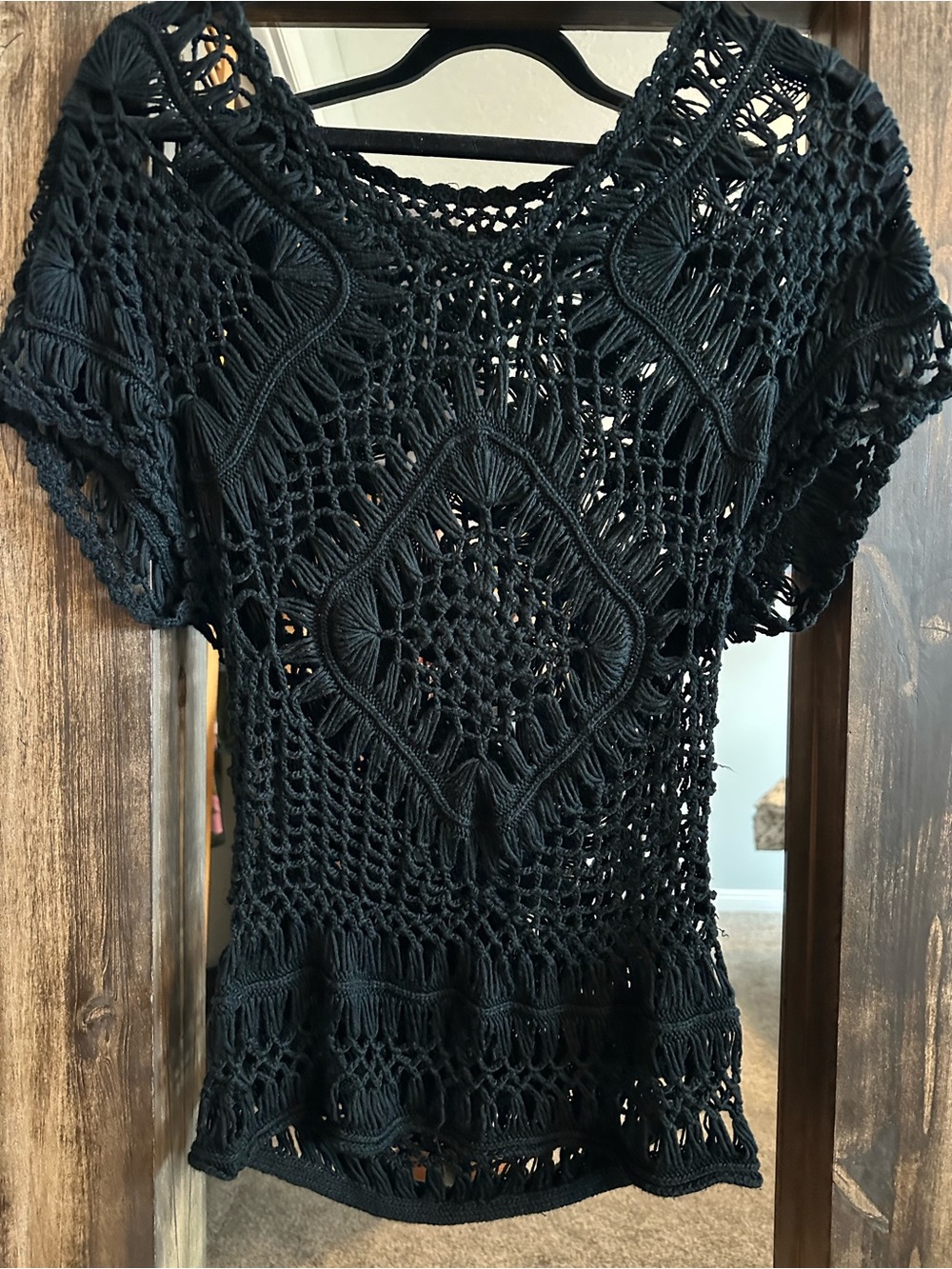 Black Boho Crochet Lace Top | Open Knit Festival Blouse | Short Sleeve Sheer M